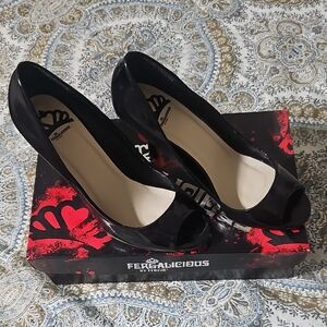 Fergalicious Glossy Black Peep-Toe Heels